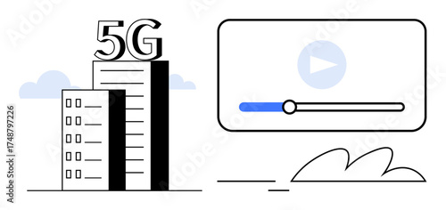 Modern building with 5G text above, next to a media player interface with a progress bar. Ideal for technology, innovation, connectivity, speed, streaming, infrastructure progress. Simple flat