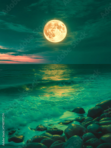 Moonlit Ocean's Turquoise Serenity: Mystical Seascape with Lunar Glow on White Background