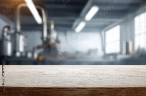Wallpaper Mural Empty wood surface displaying product in industrial factory, blurred background, space for text or product presentation Torontodigital.ca