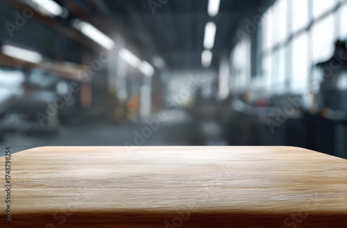 Wallpaper Mural Empty wooden surface presenting a product display, with blurred industrial factory and workshop background Torontodigital.ca