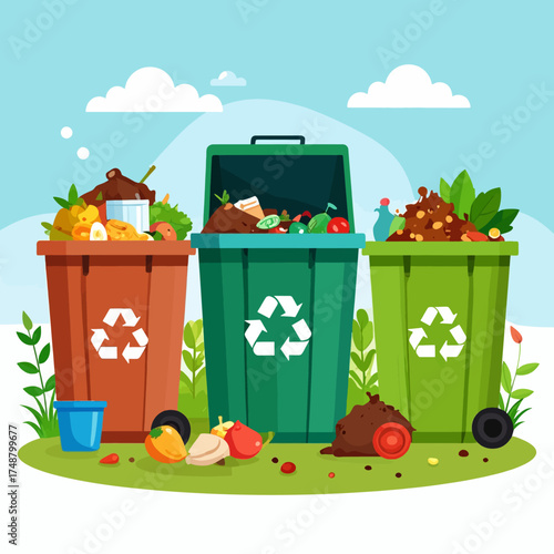Three colorful recycling bins for waste separation and composting.