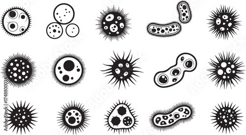 Minimalist black microorganism icon set – hand-drawn silhouettes of bacteria, viruses, and cellular forms for scientific design, educational visuals, and microbiology-themed graphics.