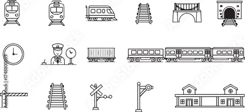 Minimalist black railway icon set – hand-drawn silhouettes of trains, tracks, stations, and conductors for transportation design, travel visuals, and infrastructure-themed graphics.