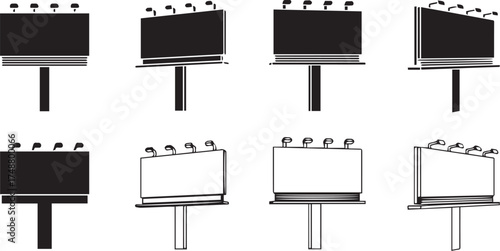 Minimalist black billboard icon set – hand-drawn silhouettes of outdoor advertising signs with mounted lights and pole supports for marketing design, urban visuals, and signage-themed graphics.