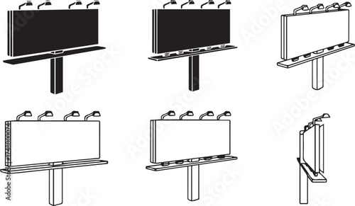 Minimalist black billboard icon set – hand-drawn silhouettes of outdoor advertising signs with mounted lights for marketing design, urban visuals, and signage-themed graphics.