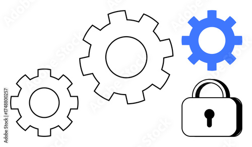 Black and blue interlocking gears with a secured padlock indicate collaboration and protection. Ideal for technology, data security, teamwork, innovation, system control, privacy, simple flat