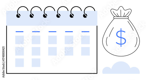 Calendar with spiral binding accompanied by a money bag symbolizing savings, income planning, investment, cash flow, budgeting, business finance, and economic management. Flat and simple metaphor