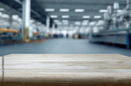 Wallpaper Mural Empty wooden table with a bright, out of focus factory or warehouse interior providing an industrial background copy space Torontodigital.ca