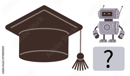 Graduation cap beside a robot and question mark, symbolizing AIs role in education, learning innovation, and decision-making. Ideal for technology, future education, problem-solving, AI ethics