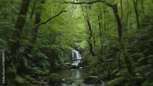 Tranquil forest stream with moss-covered log bridge	