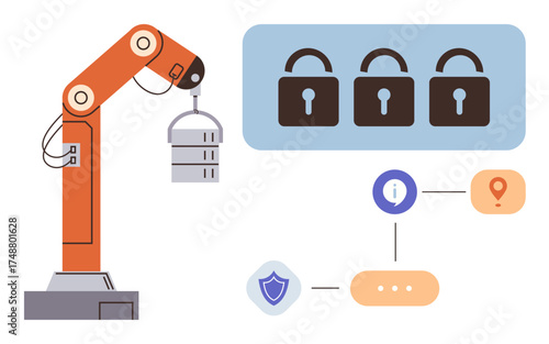 Robotic arm carrying server, three locked padlocks, interconnected data flow icons. Ideal for automation, technology, cybersecurity, data protection, industrial systems, innovation future tech