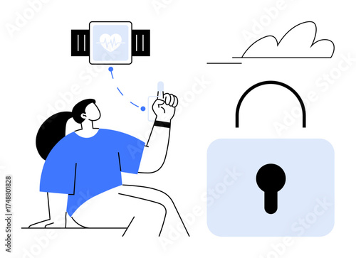Woman interacts with health tracker smartwatch, analyzing health data transmitted to the cloud. Lock symbolizes secure data. Ideal for health, fitness, technology, cloud storage, privacy, wearable