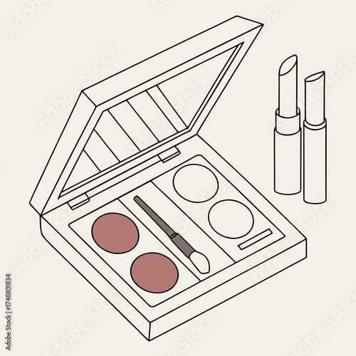A minimalist isometric line art illustration of an open makeup palette with blush and eyeshadow alongside two lipsticks on a neutral background