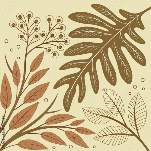 A minimalist illustration featuring stylized brown leaves and berries on a pale yellow background with a simple organic feel