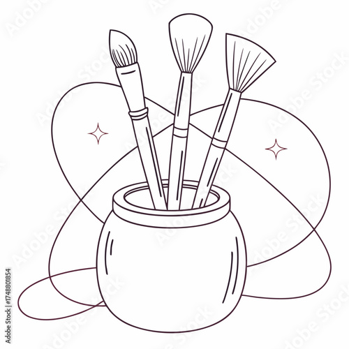 A minimalist line art illustration of three makeup brushes standing upright in a small pot with abstract swirling lines and starbursts in the background