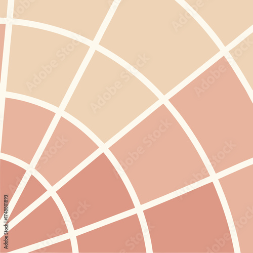 Abstract geometric pattern with curved lines and pastel color blocks in shades of peach and blush pink