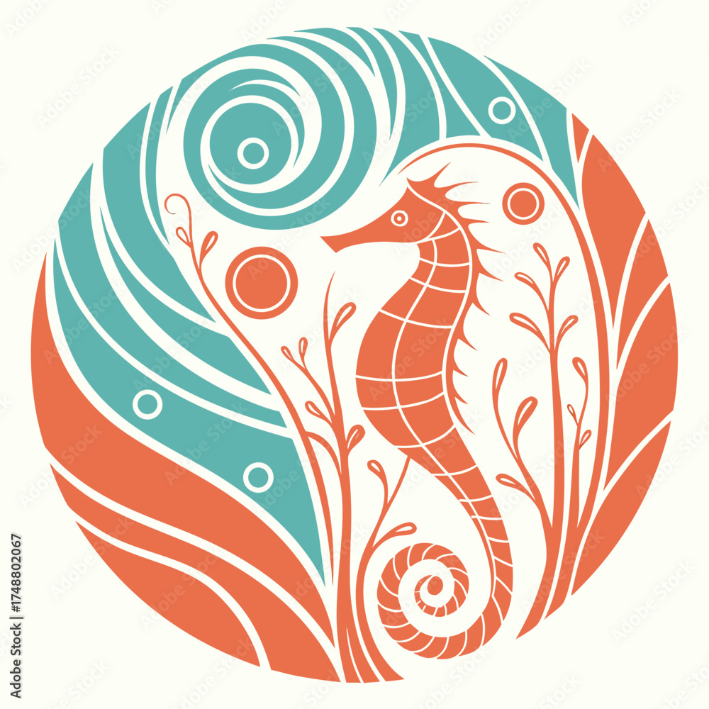 Fototapeta premium Stylized orange seahorse swims through turquoise waves and coral in a circular design with a cream background