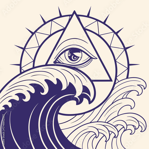 Mysterious all seeing eye within a triangle symbol emerges from stylized ocean waves under a radiant sun