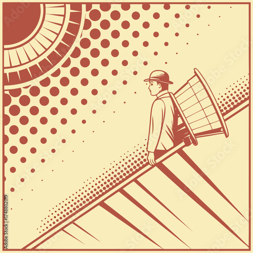 Retro man in hat carrying a large conical basket on his back climbs a stylized ladder towards a sunburst pattern