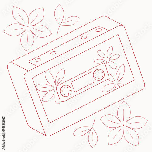 Retro cassette tape adorned with delicate floral line art and leaves evoking nostalgia and a gentle aesthetic