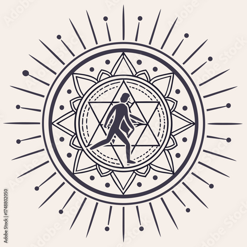 Silhouette of a person walking within a geometric mandala symbol with radiating lines and dots representing spiritual growth and enlightenment