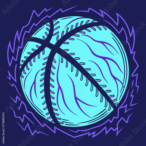 Stylized basketball with purple lightning bolts and abstract lines on a dark blue background dynamic sports illustration