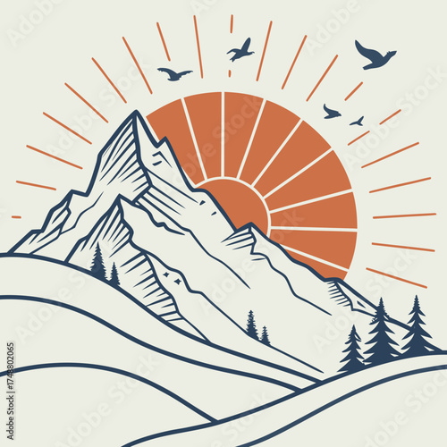 Stylized mountain range with a rising sun and birds flying in a clean minimalist line art illustration