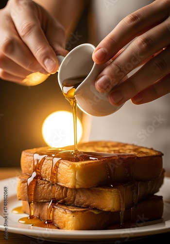 Wallpaper Mural Golden stream of maple syrup pouring over fluffy stack of french toast Torontodigital.ca