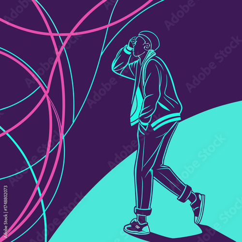 Stylized outline of a person wearing a hat and jacket looking into the distance against a vibrant abstract background with swirling lines