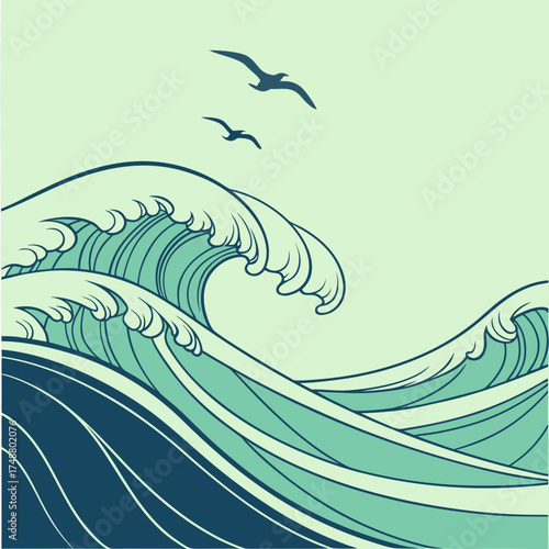 Stylized illustration of rolling ocean waves in shades of blue and green with two silhouetted birds flying in the pale green sky