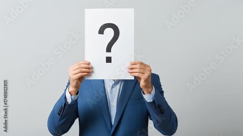 Man in blue suit holding a question mark sign over his face	