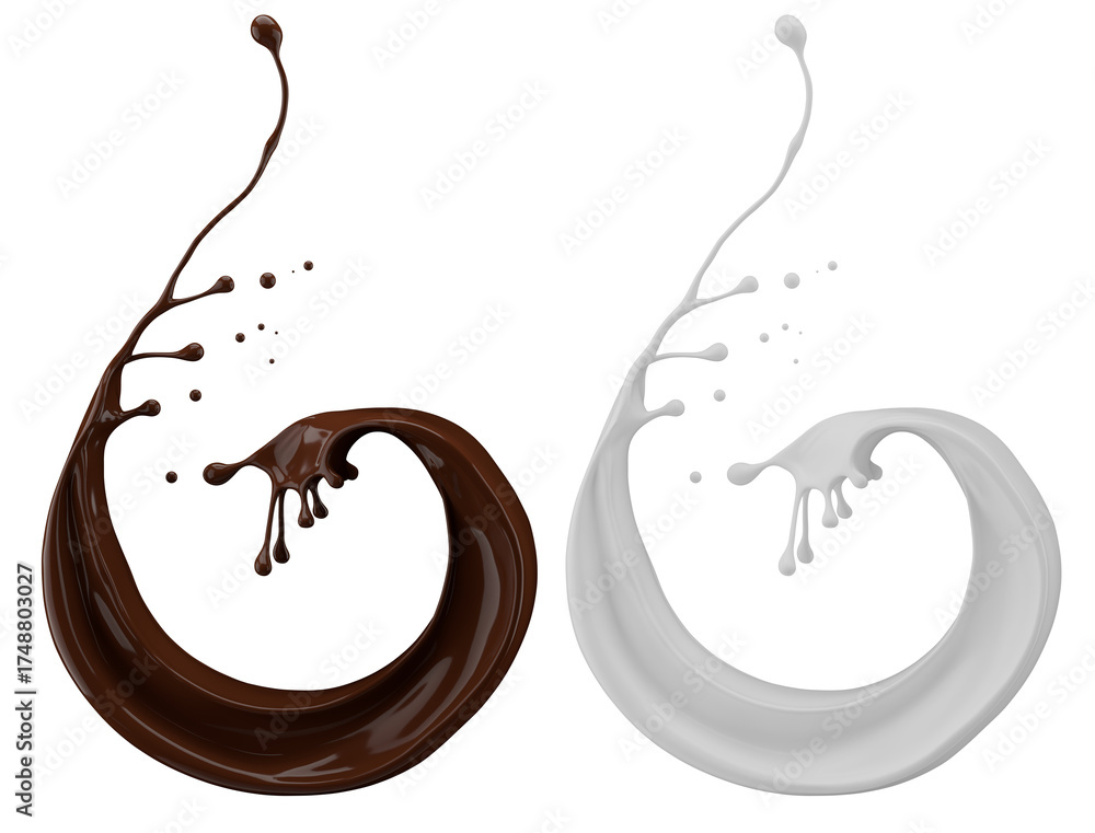 Obraz premium Milk and chocolate splash. Milkshake and melted brown choco isolated on white background. 3d render.