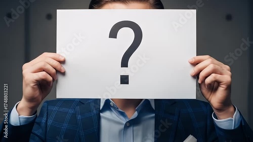 Man in suit covers face with question mark sign	