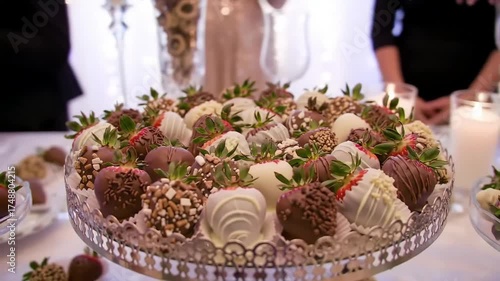 Elegant Chocolate Covered Strawberries Displayed on a Luxurious Silver Tray featuring White and Dark Chocolate with Various Toppings Perfect for a Gourmet Desse