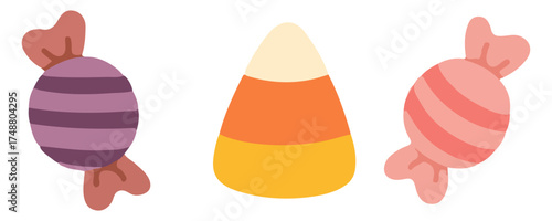 Adorable Halloween candy clipart with stiped sweets and candy corn in pastel colors. Perfect for Halloween party invitations, stickers, seamless patterns, packaging and digital art. 