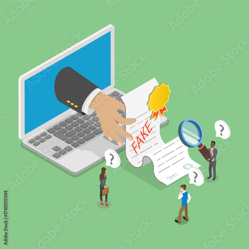 3D Isometric Flat Vector Illustration of Fake Detector, Inspector Authenticates Phony Document