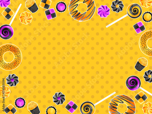 ハロウィン向け、オレンジ色と黒色のかわいいお菓子のイラストフレーム