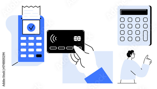 Contactless card scanned on terminal, receipt printed, calculator, and pointing person. Ideal for payment, finance, budgeting, retail cashless systems accounting transaction concepts. Clean