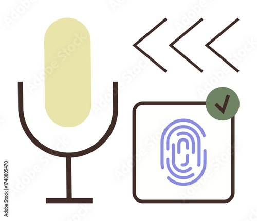 Microphone signifying audio input, fingerprint scanner for security authentication with green checkmark validation, and three backward arrows indicating navigation. Ideal for tech, security