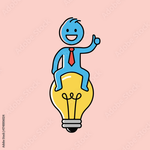 Vector cartoon illustration of a happy blue stickman businessman, wearing a red tie, sitting on a glowing yellow light bulb. The character is giving a 'thumbs up' gesture. This graphic perfectly symbo