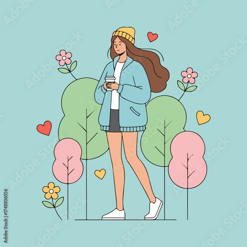 Modern minimalist flat line illustration of a relaxed young woman strolling in the park, holding a coffee or drink cup. She is wearing a yellow beanie, jacket, and short skirt. The background features