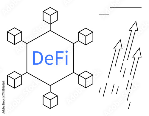 Hexagonal DeFi network linked by cubes symbolizing blockchain connections. Multiple upward arrows represent growth, innovation, and progress. Ideal for blockchain, innovation, finance