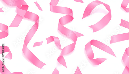 Pink Ribbons Floating on White Background.