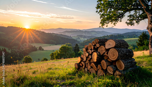 Scenic sunset over rolling hills with a stack of firewood in the foreground.
