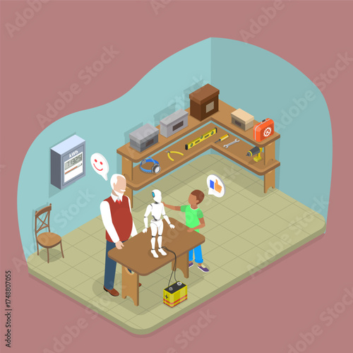 3D Isometric Flat Vector Illustration of Robot Garage Workshop, Boy Building Automated Machine