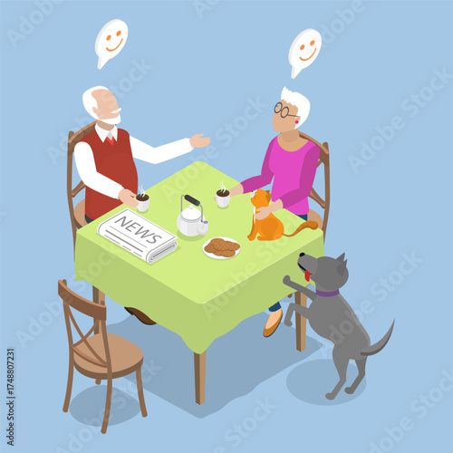 3D Isometric Flat Vector Illustration of Morning News, Elderly Couple Enjoying Tea Together