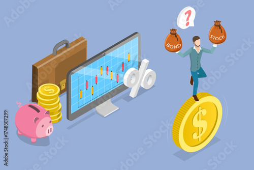 3D Isometric Flat Vector Illustration of Investment Opportunities, Balancing On Giant Dollar Coin, Deciding Between Stocks And Bonds