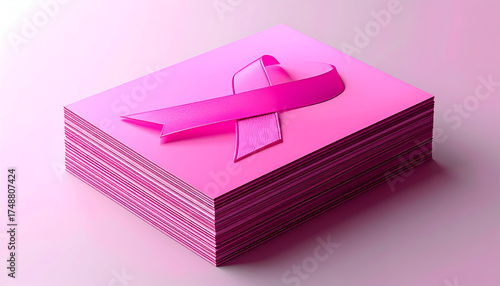 Pink Ribbon on Stack of Pink Paper.