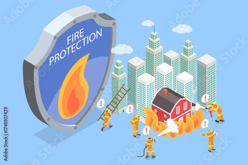 3D Isometric Flat Vector Illustration of Fire Prevention, Protecting Against Fires And Flames To Ensure Safety And Security In Buildings And Structures