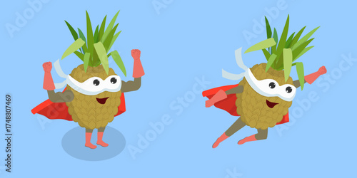 3D Isometric Flat Vector Illustration of Pineapple Hero, Humorous Superhero Cartoon Character Making Expressive Gestures In Mask and Costume